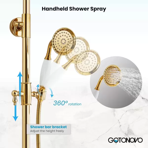imagegotonovo Bathroom Exposed Shower Faucet Outdoor Shower System 8 Inch Rainfall Shower Head Set with Tub Spout and Handheld Spray Double Cross Handles Wall Mount without Shower Shelf Polished GoldPolished Gold