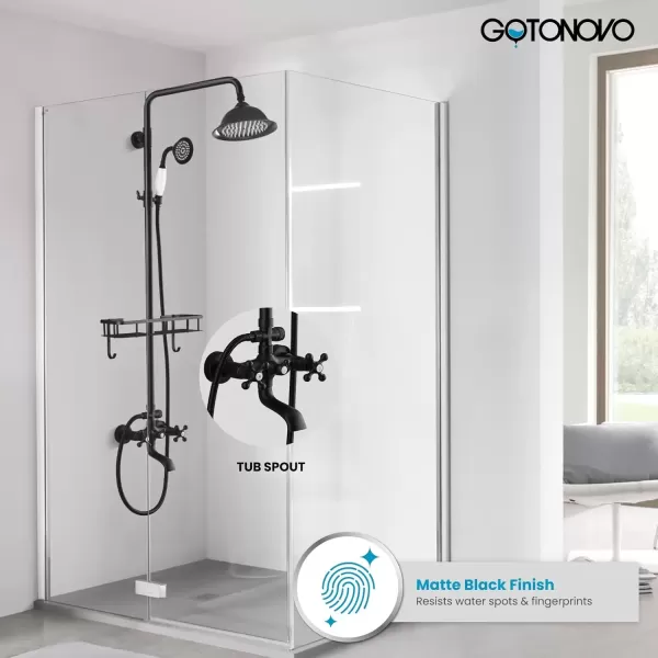 imagegotonovo Bathroom Exposed Shower Faucet Outdoor Shower System 8 Inch Rainfall Shower Head Set with Tub Spout and Handheld Spray Double Cross Handles Wall Mount without Shower Shelf Polished GoldMatte Black