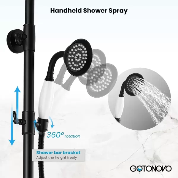 imagegotonovo Bathroom Exposed Shower Faucet Outdoor Shower System 8 Inch Rainfall Shower Head Set with Tub Spout and Handheld Spray Double Cross Handles Wall Mount without Shower Shelf Polished GoldMatte Black