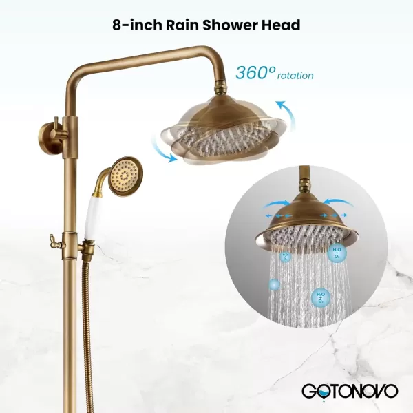 imagegotonovo Bathroom Exposed Shower Faucet Outdoor Shower System 8 Inch Rainfall Shower Head Set with Tub Spout and Handheld Spray Double Cross Handles Wall Mount without Shower Shelf Polished GoldAntique Brass