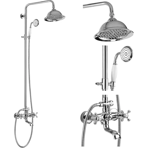 imagegotonovo Bathroom Exposed Shower Faucet Outdoor Shower System 8 Inch Rainfall Shower Head Set with Tub Spout and Handheld Spray Double Cross Handles Wall Mount without Shower Shelf Polished GoldPolished Chrome