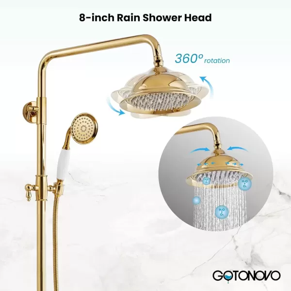 imagegotonovo Bathroom Exposed Shower Faucet Outdoor Shower System 8 Inch Rainfall Shower Head Set with Tub Spout and Handheld Spray Double Cross Handles Wall Mount without Shower Shelf Polished GoldPolished Gold