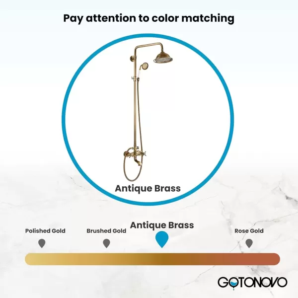 imagegotonovo Bathroom Exposed Shower Faucet Outdoor Shower System 8 Inch Rainfall Shower Head Set with Tub Spout and Handheld Spray Double Cross Handles Wall Mount without Shower Shelf Polished GoldAntique Brass
