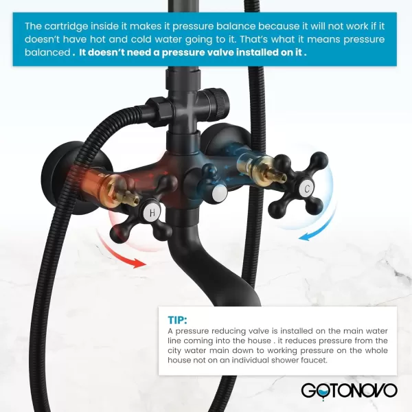 imagegotonovo Bathroom Exposed Shower Faucet Outdoor Shower System 8 Inch Rainfall Shower Head Set with Tub Spout and Handheld Spray Double Cross Handles Wall Mount without Shower Shelf Polished GoldMatte Black