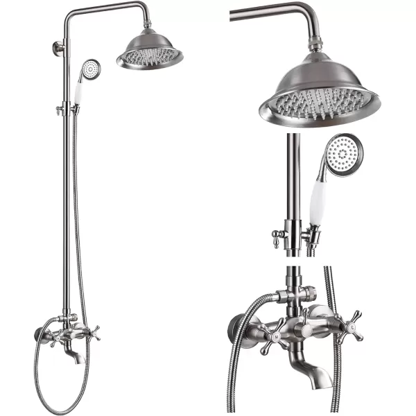 imagegotonovo Bathroom Exposed Shower Faucet Outdoor Shower System 8 Inch Rainfall Shower Head Set with Tub Spout and Handheld Spray Double Cross Handles Wall Mount without Shower Shelf Polished GoldBrushed Nickel