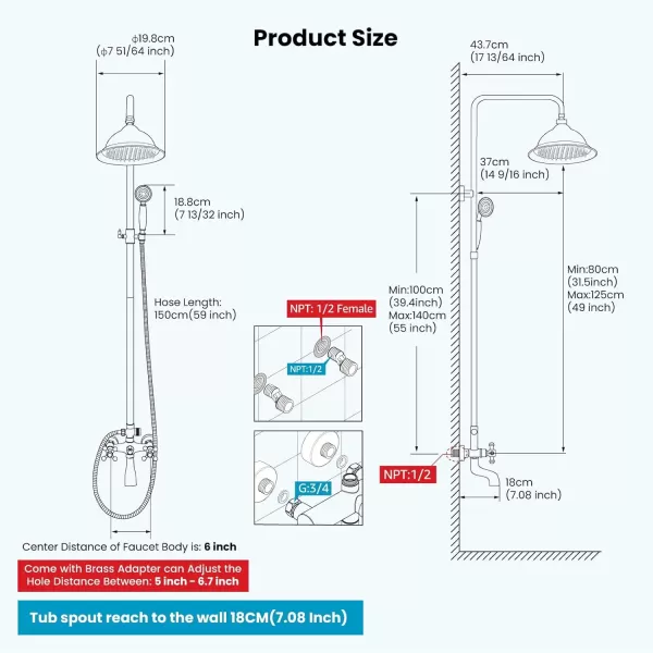 imagegotonovo Bathroom Exposed Shower Faucet Outdoor Shower System 8 Inch Rainfall Shower Head Set with Tub Spout and Handheld Spray Double Cross Handles Wall Mount without Shower Shelf Polished GoldBrushed Nickel