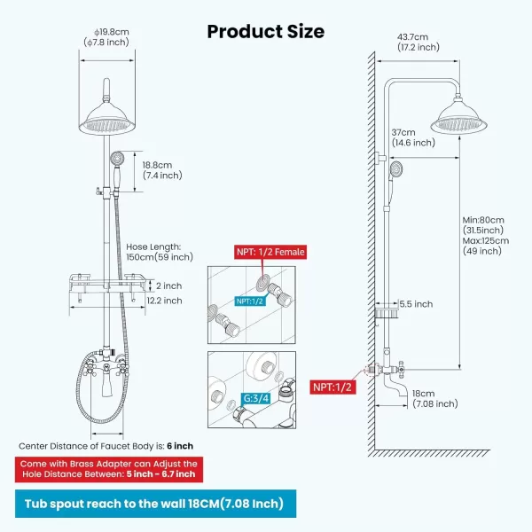 imagegotonovo Bathroom Exposed Shower Faucet Outdoor Shower System 8 Inch Rainfall Shower Head Set with Tub Spout and Handheld Spray Double Cross Handles Wall Mount without Shower Shelf Polished GoldBrushed Nickel