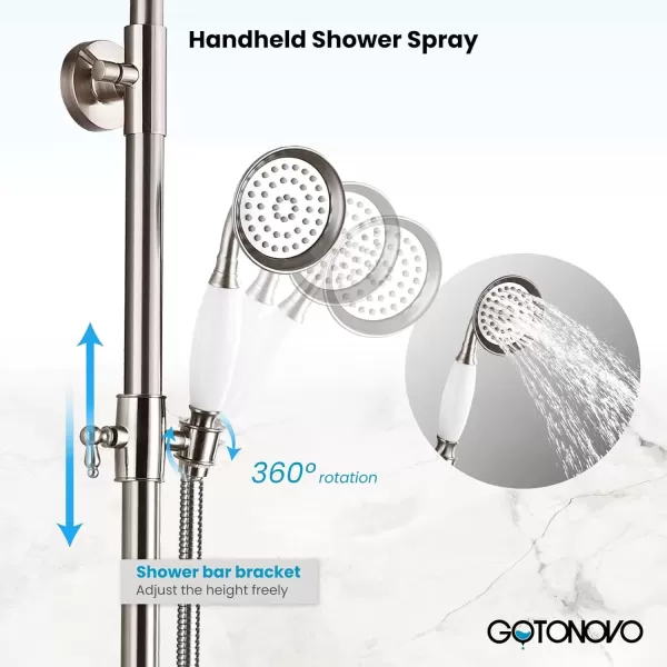 imagegotonovo Bathroom Exposed Shower Faucet Outdoor Shower System 8 Inch Rainfall Shower Head Set with Tub Spout and Handheld Spray Double Cross Handles Wall Mount without Shower Shelf Polished GoldBrushed Nickel
