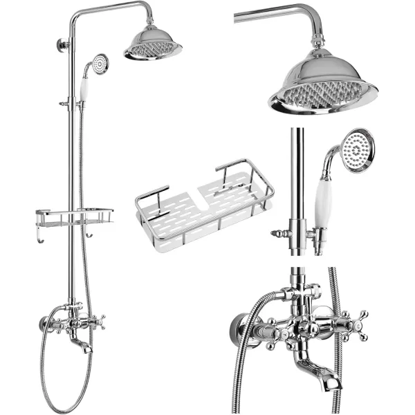 imagegotonovo Bathroom Exposed Shower Faucet Outdoor Shower System 8 Inch Rainfall Shower Head Set with Tub Spout and Handheld Spray Double Cross Handles Wall Mount without Shower Shelf Polished GoldPolished Chrome