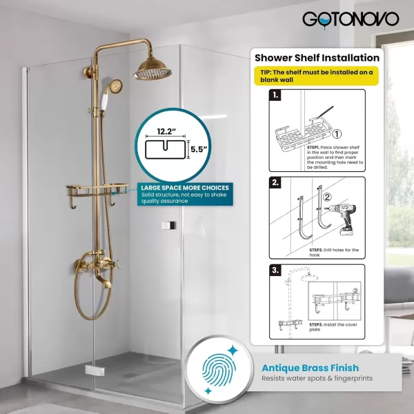imagegotonovo Bathroom Exposed Shower Faucet Outdoor Shower System 8 Inch Rainfall Shower Head Set with Tub Spout and Handheld Spray Double Cross Handles Wall Mount without Shower Shelf Polished GoldAntique Brass