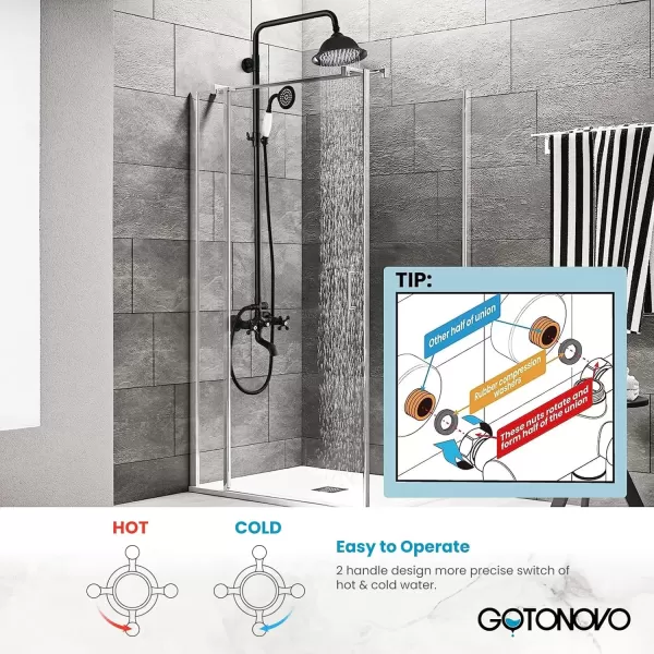 imagegotonovo Bathroom Exposed Shower Faucet Outdoor Shower System 8 Inch Rainfall Shower Head Set with Tub Spout and Handheld Spray Double Cross Handles Wall Mount without Shower Shelf Polished GoldMatte Black