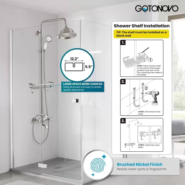 imagegotonovo Bathroom Exposed Shower Faucet Outdoor Shower System 8 Inch Rainfall Shower Head Set with Tub Spout and Handheld Spray Double Cross Handles Wall Mount without Shower Shelf Polished GoldBrushed Nickel