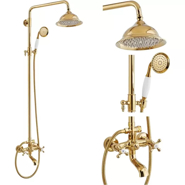imagegotonovo Bathroom Exposed Shower Faucet Outdoor Shower System 8 Inch Rainfall Shower Head Set with Tub Spout and Handheld Spray Double Cross Handles Wall Mount without Shower Shelf Polished GoldPolished Gold