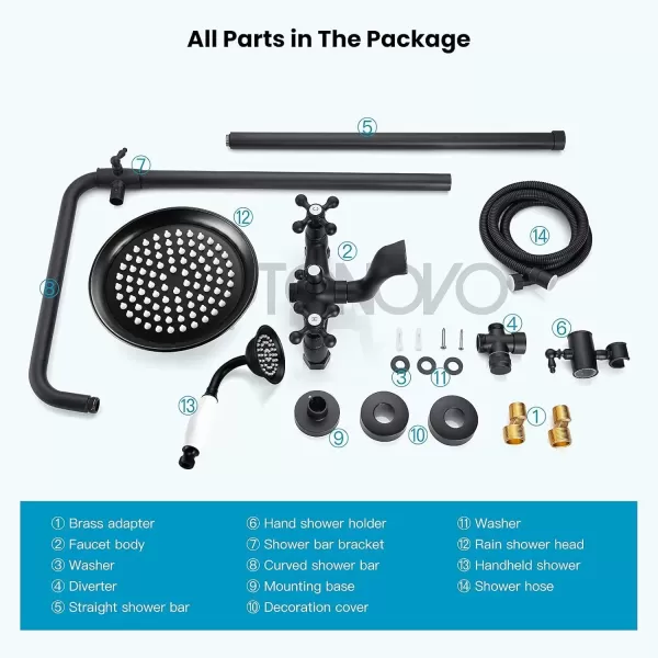 imagegotonovo Bathroom Exposed Shower Faucet Outdoor Shower System 8 Inch Rainfall Shower Head Set with Tub Spout and Handheld Spray Double Cross Handles Wall Mount without Shower Shelf Polished GoldMatte Black
