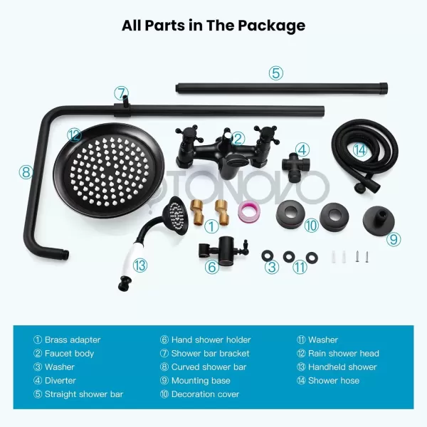 imagegotonovo Bathroom Exposed Shower Faucet Outdoor Shower System 8 Inch Rainfall Shower Head Set with Tub Spout and Handheld Spray Double Cross Handles Wall Mount without Shower Shelf Polished GoldOil Rubbed Bronze