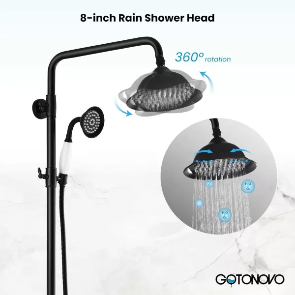 imagegotonovo Bathroom Exposed Shower Faucet Outdoor Shower System 8 Inch Rainfall Shower Head Set with Tub Spout and Handheld Spray Double Cross Handles Wall Mount without Shower Shelf Polished GoldMatte Black