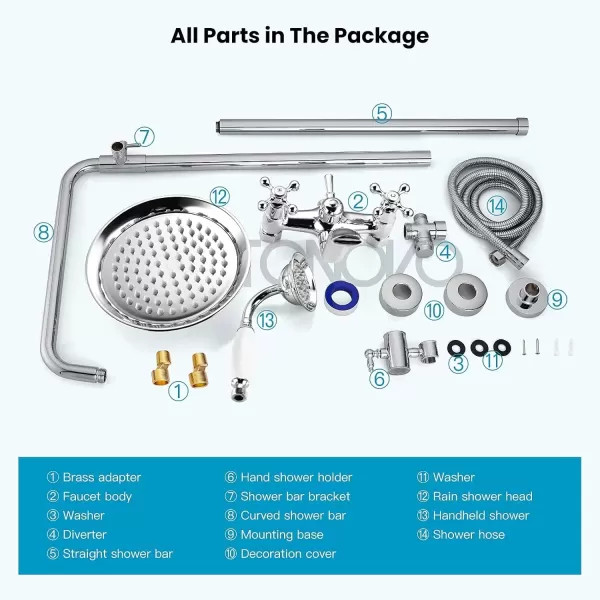 imagegotonovo Bathroom Exposed Shower Faucet Outdoor Shower System 8 Inch Rainfall Shower Head Set with Tub Spout and Handheld Spray Double Cross Handles Wall Mount without Shower Shelf Polished GoldPolished Chrome