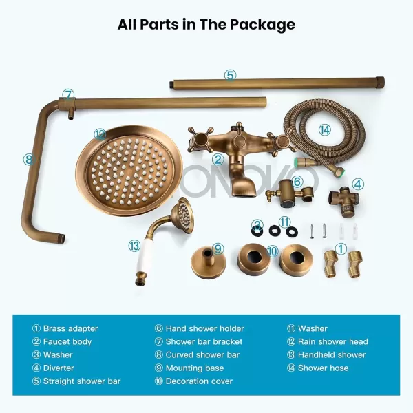imagegotonovo Bathroom Exposed Shower Faucet Outdoor Shower System 8 Inch Rainfall Shower Head Set with Tub Spout and Handheld Spray Double Cross Handles Wall Mount without Shower Shelf Polished GoldAntique Brass