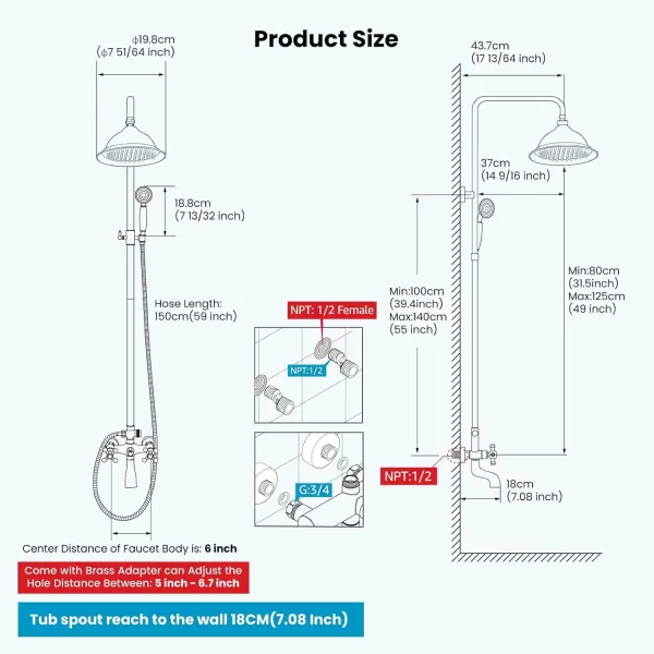 imagegotonovo Bathroom Exposed Shower Faucet Outdoor Shower System 8 Inch Rainfall Shower Head Set with Tub Spout and Handheld Spray Double Cross Handles Wall Mount without Shower Shelf Polished GoldOil Rubbed Bronze