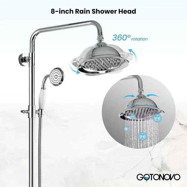 imagegotonovo Bathroom Exposed Shower Faucet Outdoor Shower System 8 Inch Rainfall Shower Head Set with Tub Spout and Handheld Spray Double Cross Handles Wall Mount without Shower Shelf Polished GoldPolished Chrome