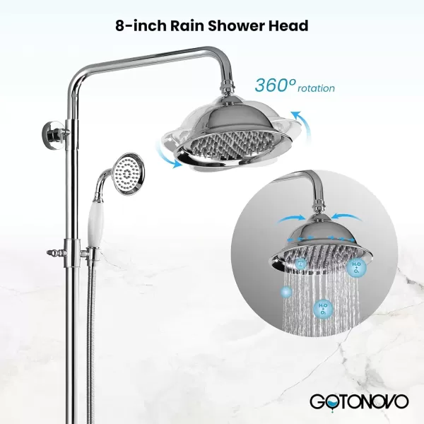 imagegotonovo Bathroom Exposed Shower Faucet Outdoor Shower System 8 Inch Rainfall Shower Head Set with Tub Spout and Handheld Spray Double Cross Handles Wall Mount without Shower Shelf Polished GoldPolished Chrome