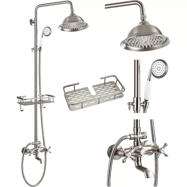 imagegotonovo Bathroom Exposed Shower Faucet Outdoor Shower System 8 Inch Rainfall Shower Head Set with Tub Spout and Handheld Spray Double Cross Handles Wall Mount without Shower Shelf Polished GoldBrushed Nickel