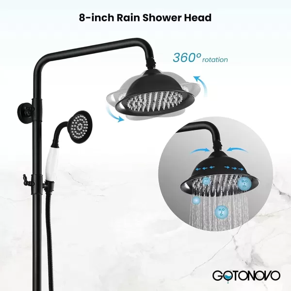 imagegotonovo Bathroom Exposed Shower Faucet Outdoor Shower System 8 Inch Rainfall Shower Head Set with Tub Spout and Handheld Spray Double Cross Handles Wall Mount without Shower Shelf Polished GoldMatte Black