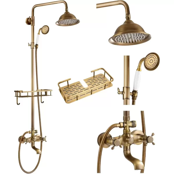 imagegotonovo Bathroom Exposed Shower Faucet Outdoor Shower System 8 Inch Rainfall Shower Head Set with Tub Spout and Handheld Spray Double Cross Handles Wall Mount without Shower Shelf Polished GoldAntique Brass