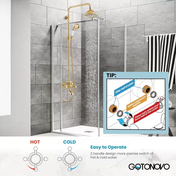 imagegotonovo Bathroom Exposed Shower Faucet Outdoor Shower System 8 Inch Rainfall Shower Head Set with Tub Spout and Handheld Spray Double Cross Handles Wall Mount without Shower Shelf Polished GoldPolished Gold