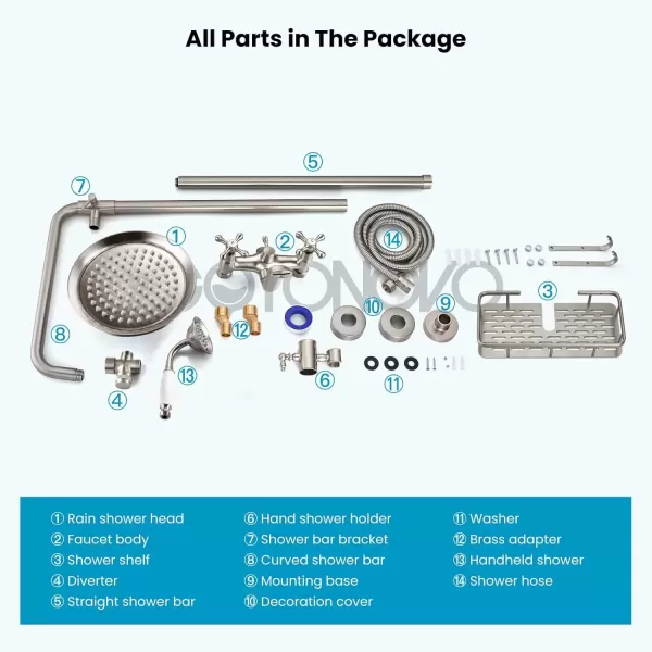 imagegotonovo Bathroom Exposed Shower Faucet Outdoor Shower System 8 Inch Rainfall Shower Head Set with Tub Spout and Handheld Spray Double Cross Handles Wall Mount without Shower Shelf Polished GoldBrushed Nickel
