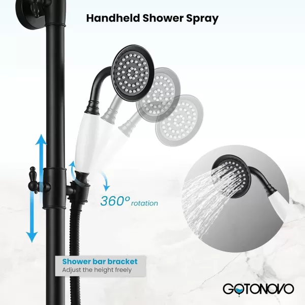 imagegotonovo Bathroom Exposed Shower Faucet Outside Shower Kit 8 Inch Rainfall Shower Head Set with Tub Spout and Handheld Spray Double Cross Handles Wall Mount Oil Rubbed BronzeMatte Black