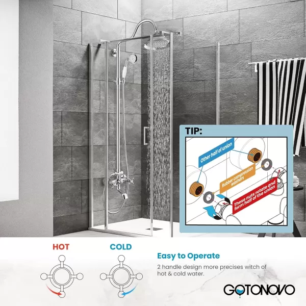imagegotonovo Bathroom Exposed Shower Faucet Outside Shower Kit 8 Inch Rainfall Shower Head Set with Tub Spout and Handheld Spray Double Cross Handles Wall Mount Oil Rubbed BronzePolished Chrome