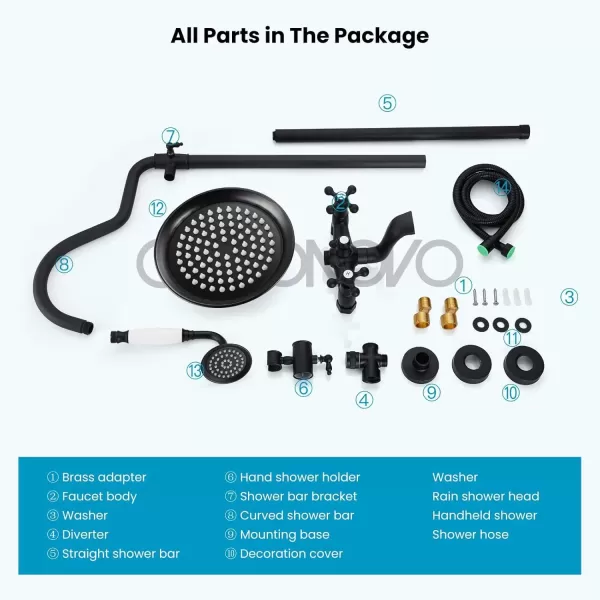 imagegotonovo Bathroom Exposed Shower Faucet Outside Shower Kit 8 Inch Rainfall Shower Head Set with Tub Spout and Handheld Spray Double Cross Handles Wall Mount Oil Rubbed BronzeMatte Black
