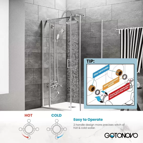 imagegotonovo Bathroom Exposed Shower Faucet Outside Shower Kit 8 Inch Rainfall Shower Head Set with Tub Spout and Handheld Spray Double Cross Handles Wall Mount Oil Rubbed BronzeBrushed Nickel
