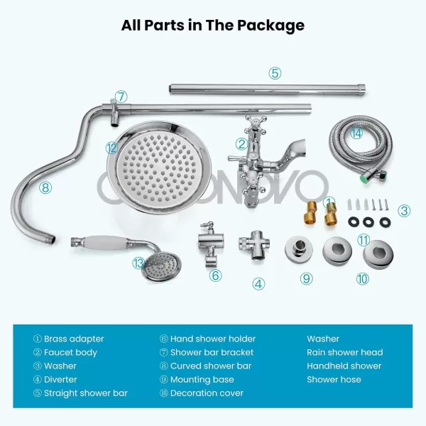 imagegotonovo Bathroom Exposed Shower Faucet Outside Shower Kit 8 Inch Rainfall Shower Head Set with Tub Spout and Handheld Spray Double Cross Handles Wall Mount Oil Rubbed BronzePolished Chrome