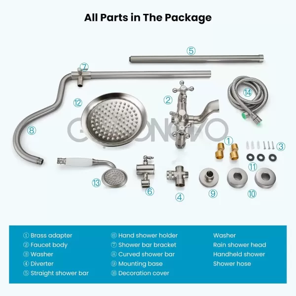imagegotonovo Bathroom Exposed Shower Faucet Outside Shower Kit 8 Inch Rainfall Shower Head Set with Tub Spout and Handheld Spray Double Cross Handles Wall Mount Oil Rubbed BronzeBrushed Nickel