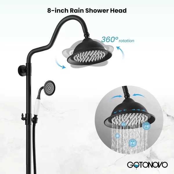 imagegotonovo Bathroom Exposed Shower Faucet Outside Shower Kit 8 Inch Rainfall Shower Head Set with Tub Spout and Handheld Spray Double Cross Handles Wall Mount Oil Rubbed BronzeMatte Black
