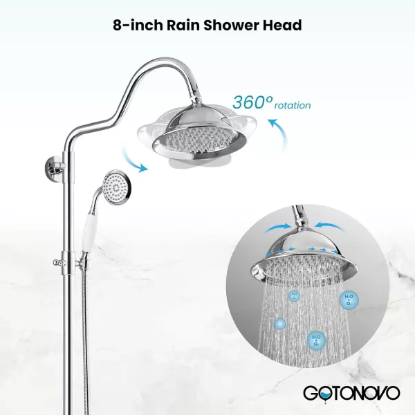 imagegotonovo Bathroom Exposed Shower Faucet Outside Shower Kit 8 Inch Rainfall Shower Head Set with Tub Spout and Handheld Spray Double Cross Handles Wall Mount Oil Rubbed BronzePolished Chrome