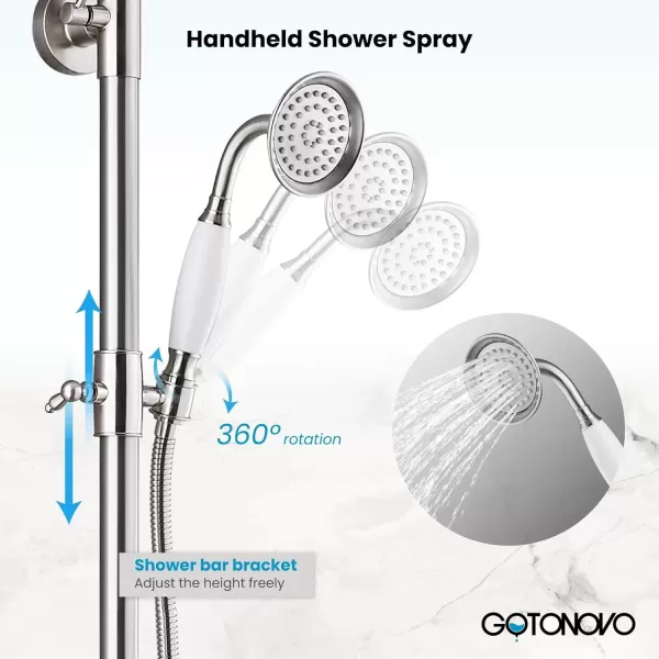 imagegotonovo Bathroom Exposed Shower Faucet Outside Shower Kit 8 Inch Rainfall Shower Head Set with Tub Spout and Handheld Spray Double Cross Handles Wall Mount Oil Rubbed BronzeBrushed Nickel