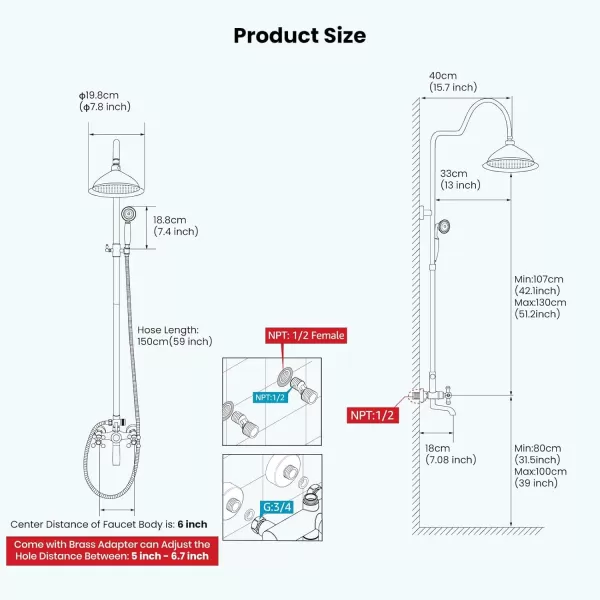 imagegotonovo Bathroom Exposed Shower Faucet Outside Shower Kit 8 Inch Rainfall Shower Head Set with Tub Spout and Handheld Spray Double Cross Handles Wall Mount Oil Rubbed BronzeOil Rubbed Bronze