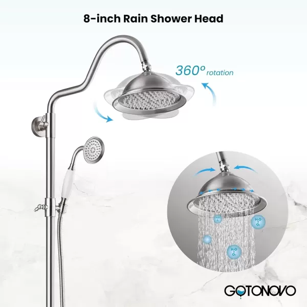imagegotonovo Bathroom Exposed Shower Faucet Outside Shower Kit 8 Inch Rainfall Shower Head Set with Tub Spout and Handheld Spray Double Cross Handles Wall Mount Oil Rubbed BronzeBrushed Nickel