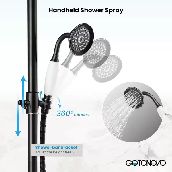 imagegotonovo Bathroom Exposed Shower Faucet Outside Shower Kit 8 Inch Rainfall Shower Head Set with Tub Spout and Handheld Spray Double Cross Handles Wall Mount Oil Rubbed BronzeOil Rubbed Bronze
