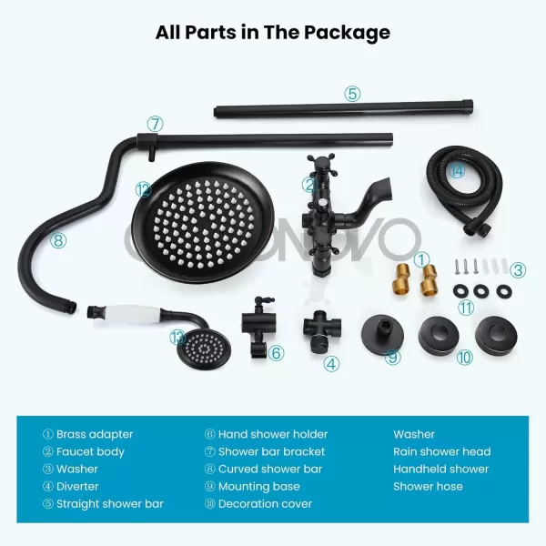 imagegotonovo Bathroom Exposed Shower Faucet Outside Shower Kit 8 Inch Rainfall Shower Head Set with Tub Spout and Handheld Spray Double Cross Handles Wall Mount Oil Rubbed BronzeOil Rubbed Bronze