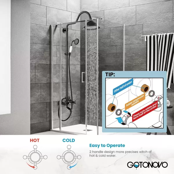 imagegotonovo Bathroom Exposed Shower Faucet Outside Shower Kit 8 Inch Rainfall Shower Head Set with Tub Spout and Handheld Spray Double Cross Handles Wall Mount Oil Rubbed BronzeOil Rubbed Bronze
