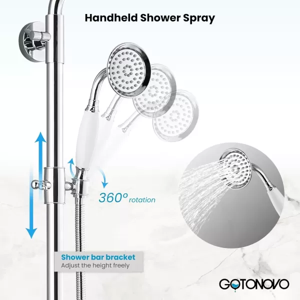 imagegotonovo Bathroom Exposed Shower Faucet Outside Shower Kit 8 Inch Rainfall Shower Head Set with Tub Spout and Handheld Spray Double Cross Handles Wall Mount Oil Rubbed BronzePolished Chrome