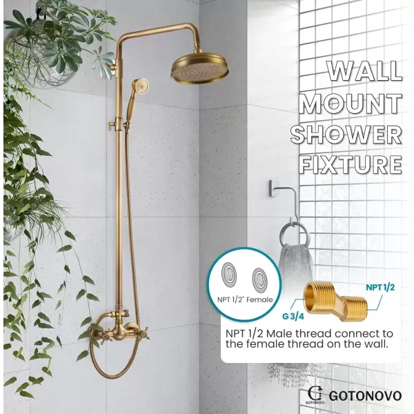 imagegotonovo Bathroom Exposed Shower Fixture Set 2 Functions 8 Inch Rainfall Shower Head Wall Mount 2 Double Knobs Cross Handle Mixer Shower System Combo Unit Brass Handheld Spray Polish GoldAntique Brass