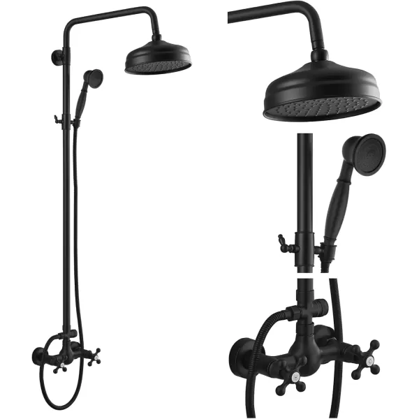 imagegotonovo Bathroom Exposed Shower Fixture Set 2 Functions 8 Inch Rainfall Shower Head Wall Mount 2 Double Knobs Cross Handle Mixer Shower System Combo Unit Brass Handheld Spray Polish GoldMatte Black