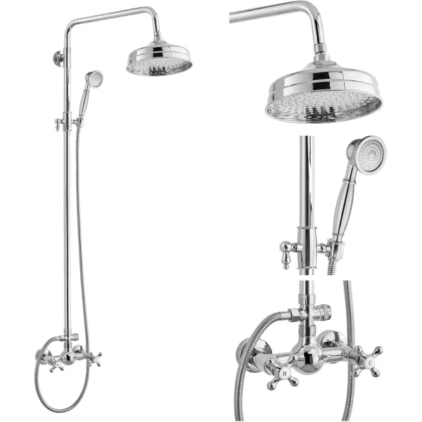 imagegotonovo Bathroom Exposed Shower Fixture Set 2 Functions 8 Inch Rainfall Shower Head Wall Mount 2 Double Knobs Cross Handle Mixer Shower System Combo Unit Brass Handheld Spray Polish GoldPolish Chrome