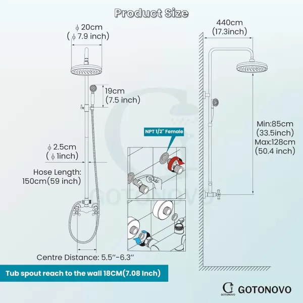 imagegotonovo Bathroom Exposed Shower Fixture Set 2 Functions 8 Inch Rainfall Shower Head Wall Mount 2 Double Knobs Cross Handle Mixer Shower System Combo Unit Brass Handheld Spray Polish GoldAntique Brass