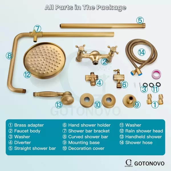 imagegotonovo Bathroom Exposed Shower Fixture Set 2 Functions 8 Inch Rainfall Shower Head Wall Mount 2 Double Knobs Cross Handle Mixer Shower System Combo Unit Brass Handheld Spray Polish GoldAntique Brass